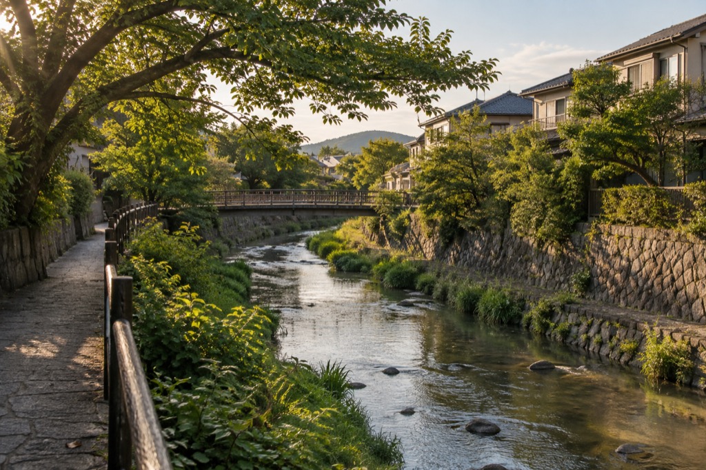 木漏れ日の差す川沿いの道